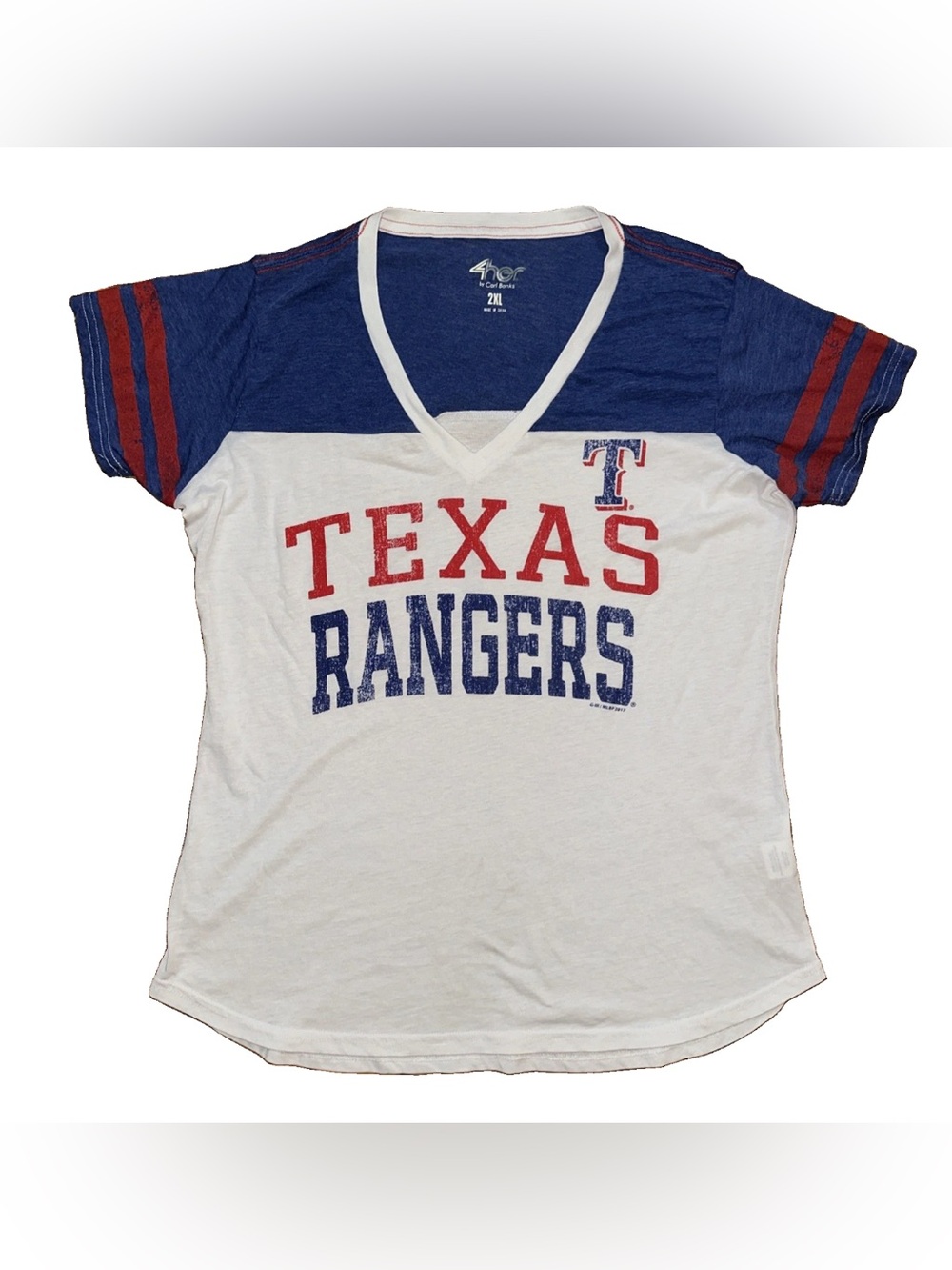 Texas Rangers V-Neck Baseball Tee - Red, White & Blue